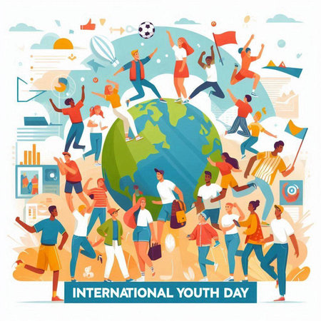 International Day of Youth. Young people with flags and school supplies. Vector illustrationのイラスト素材