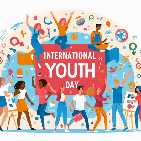 International Youth Day. Group of young people standing in circle and holding hands up. Vector illustration.のイラスト素材
