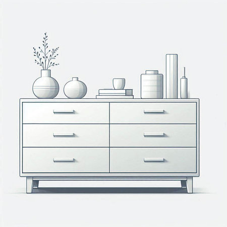 Wooden chest of drawers with vases and vases. Vector illustration.のイラスト素材