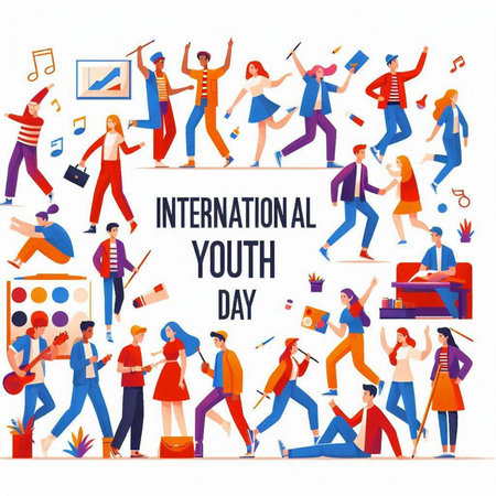 International Youth Day. Group of young people dancing and singing. Flat vector illustration.のイラスト素材