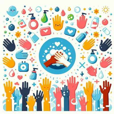 Vector illustration of washing hands with sanitizer, soap and other cleaning products.のイラスト素材