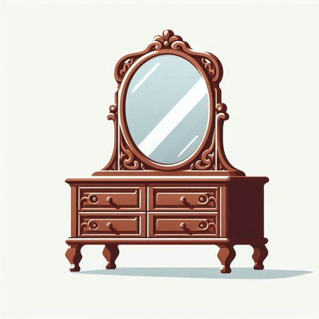 Vintage wooden chest of drawers with mirror. Vector illustration.のイラスト素材