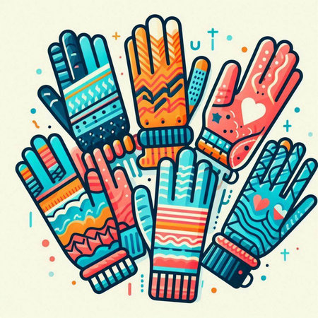 Colorful vector illustration of winter gloves in doodle style.のイラスト素材