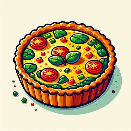 Illustration of a pie with tomato and spinach on a white background