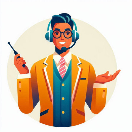Male call center operator with headset and microphone. Flat vector illustration.のイラスト素材