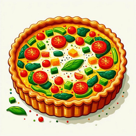 Illustration of a pie with tomatoes, cheese and basil on a white backgroundのイラスト素材