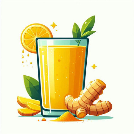 Vector illustration of a glass of turmeric smoothie with ginger, lemon and turmeric root.のイラスト素材