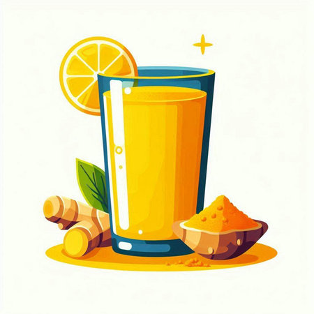 Vector illustration of a glass of turmeric juice, lemon and gingerのイラスト素材
