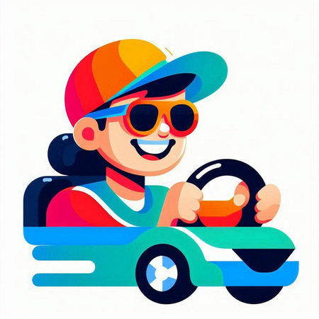 Cheerful boy driving a cabriolet. Vector illustration.のイラスト素材