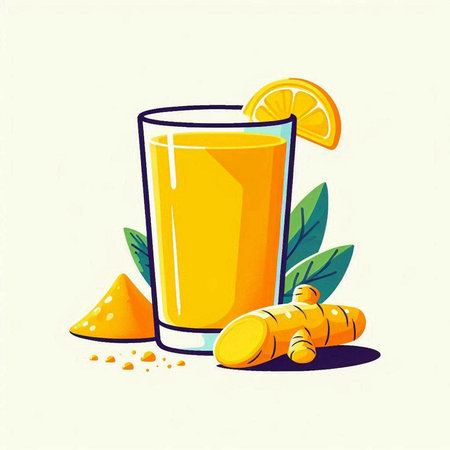 Vector illustration of a glass of fresh turmeric juice with lemon and gingerのイラスト素材