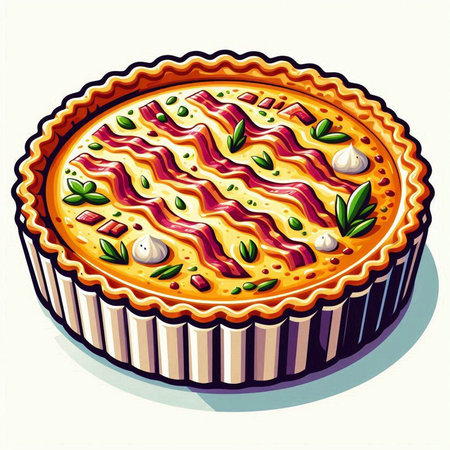 Illustration of a pie with bacon and cheese on a white backgroundのイラスト素材