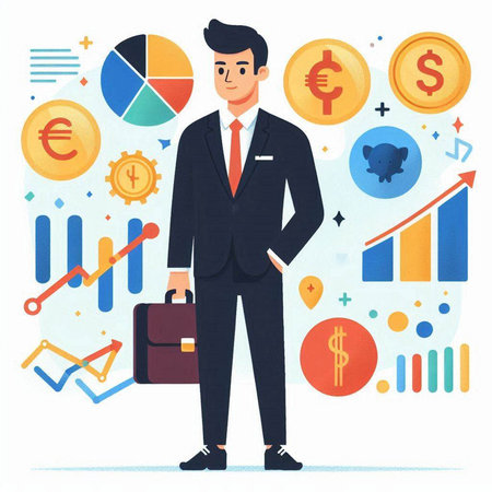 Businessman with briefcase and money. Vector illustration in cartoon styleのイラスト素材