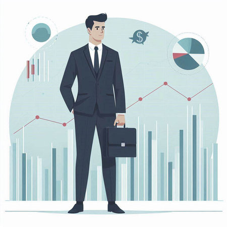 Businessman with briefcase standing on the background of graphs and chartsのイラスト素材