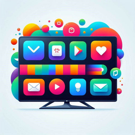 Computer monitor with app icons on colorful abstract background. Vector illustration.