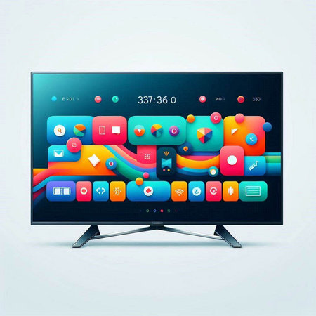 Modern flat screen TV with colorful icons and buttons. Vector illustration.