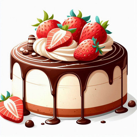 Illustration of a chocolate cake with strawberries on a white background.のイラスト素材