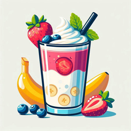 Banana smoothie with whipped cream and fresh berries. Vector illustration.のイラスト素材
