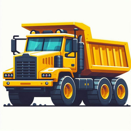 Big yellow dump truck isolated on white background. Vector cartoon illustration.のイラスト素材