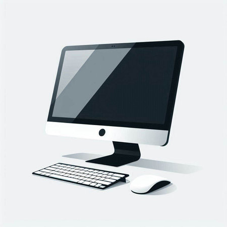 Computer monitor with keyboard and mouse on white background. Vector illustration.