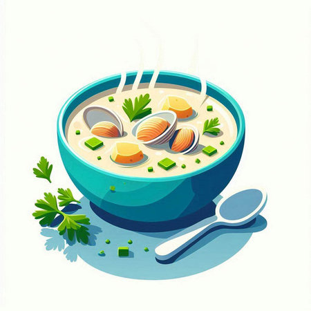 Illustration of a bowl of soup with clams and parsleyのイラスト素材