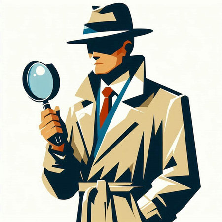 illustration of detective with magnifying glass in hand, vector illustrationのイラスト素材