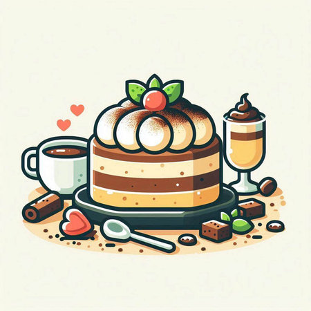 Illustration of cake with coffee and whipped cream. Vector illustration.のイラスト素材