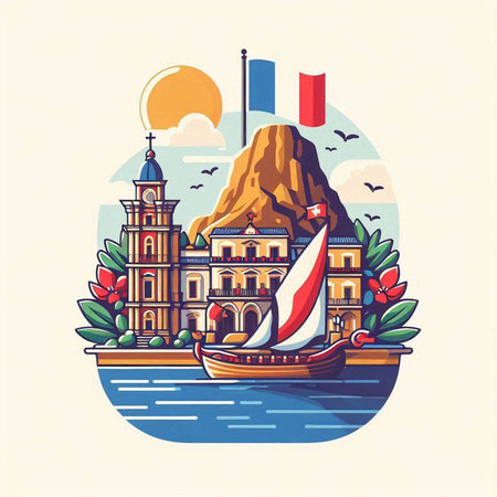 Boat on the island of Montserrat, Spain. Vector illustrationのイラスト素材