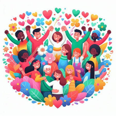 Happy group of diverse young people in a circle with flowers. Vector illustrationのイラスト素材