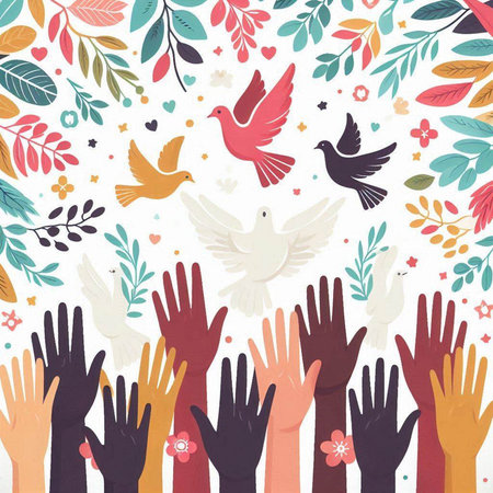 Pigeons and hands with floral background. Vector illustration for your designのイラスト素材