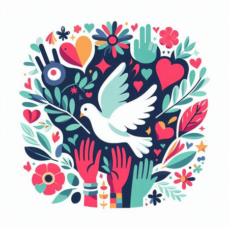 Hand drawn vector illustration of a peace symbol with doves, flowers and hearts.のイラスト素材