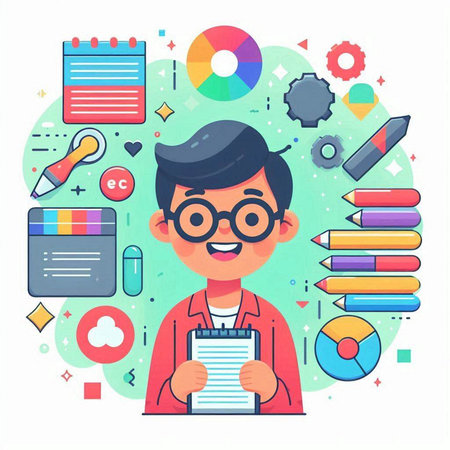Vector illustration of schoolboy with glasses holding a notebook. Education concept.のイラスト素材