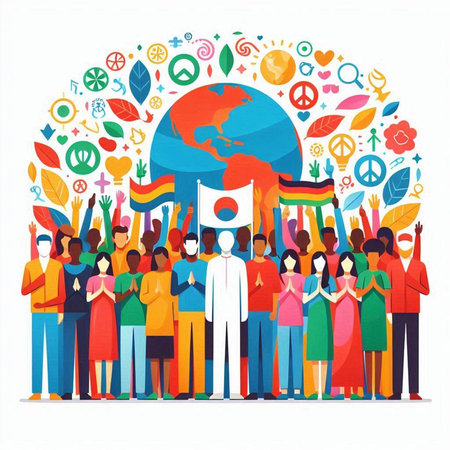 International day of peace concept. Group of people with different national symbols around the world. Vector illustrationのイラスト素材