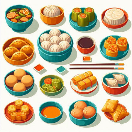 Vector set of dim sum, chinese dumplings, dim sum, dim sum, dumplings, dumplings, dim sum, dim sum, dim sum, dim sum, dim sum, dumplings.のイラスト素材
