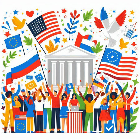 Vector illustration of crowd of people with United States of America symbols.のイラスト素材