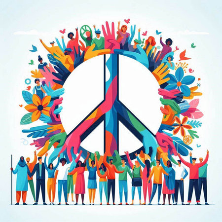 Group of people holding hands around a peace symbol, vector illustration.のイラスト素材