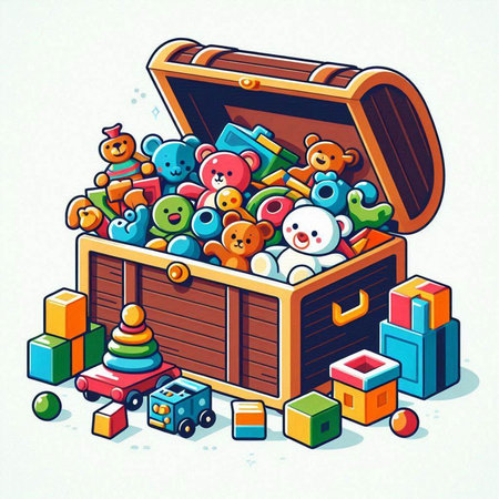 Wooden chest full of toys. Vector illustration on white background.のイラスト素材