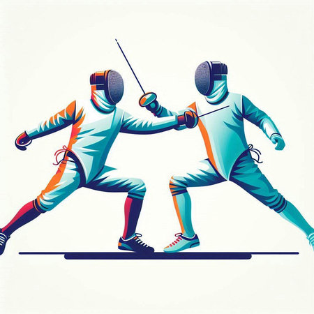 Fencing duel. Vector illustration of two athletes in sportswear.