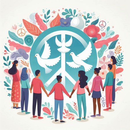 International Day of Peace concept. Group of people holding hands around peace sign. Vector illustration.のイラスト素材