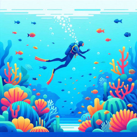 Scuba diving vector illustration. Scuba diver swims under the sea.