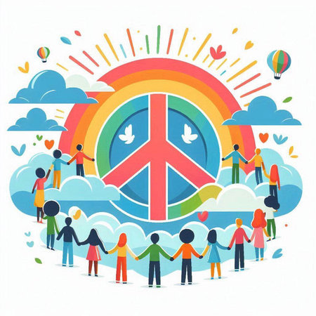 World Peace Day. People with peace symbol. Vector Illustration.