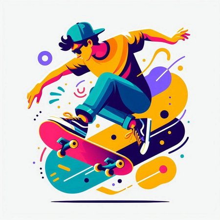 Skateboarder in action on a colorful background. Vector illustration.のイラスト素材