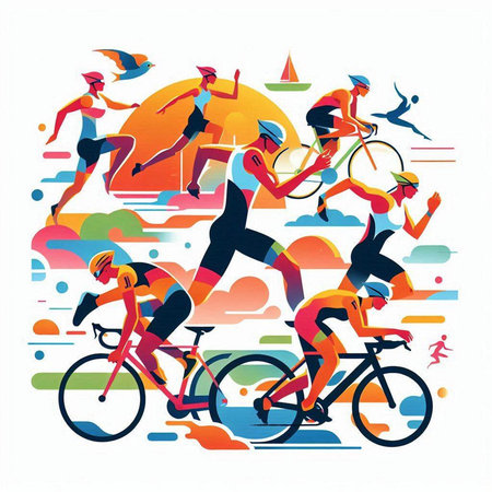 Cyclists racing in the city. Colorful vector illustration.のイラスト素材