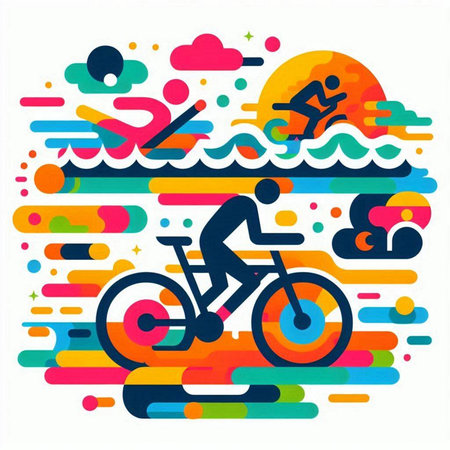Cyclist riding bicycle in the colorful abstract background. Vector illustration.のイラスト素材