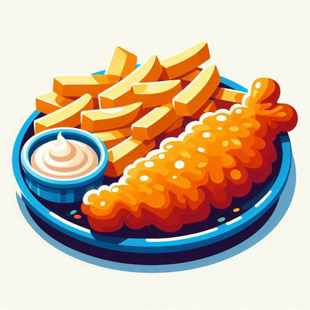 Vector illustration of fried fish with french fries and mayonnaise sauceのイラスト素材