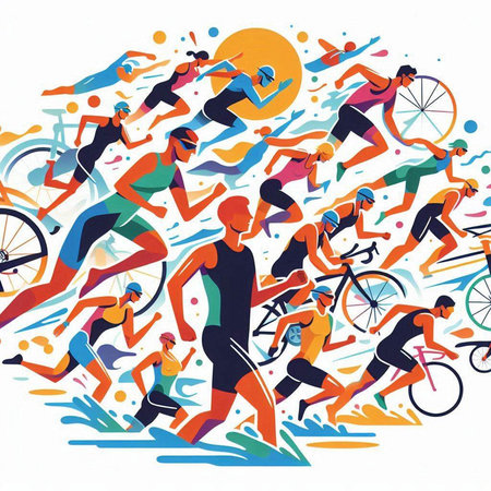 Vector illustration of a group of active people running, cycling, triathlon, cyclingのイラスト素材