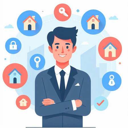 Businessman with house and key icons. Flat design vector illustration.のイラスト素材