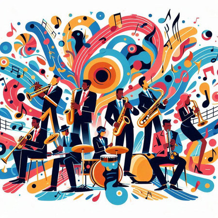Vector illustration of a jazz band playing musical instruments. Music concept.のイラスト素材