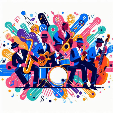 Jazz music festival poster with musicians and instruments. Vector illustration.のイラスト素材