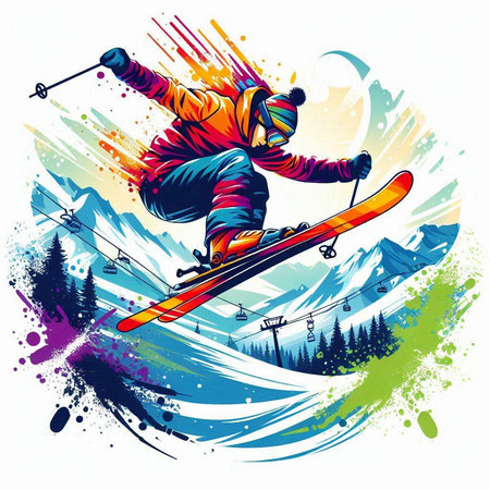 Vector illustration of a snowboarder jumping in the mountains. Grunge backgroundのイラスト素材