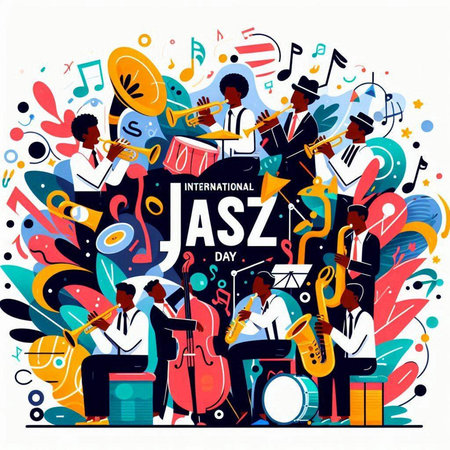 Jazz music festival poster with jazz musicians in flat style. Vector illustrationのイラスト素材